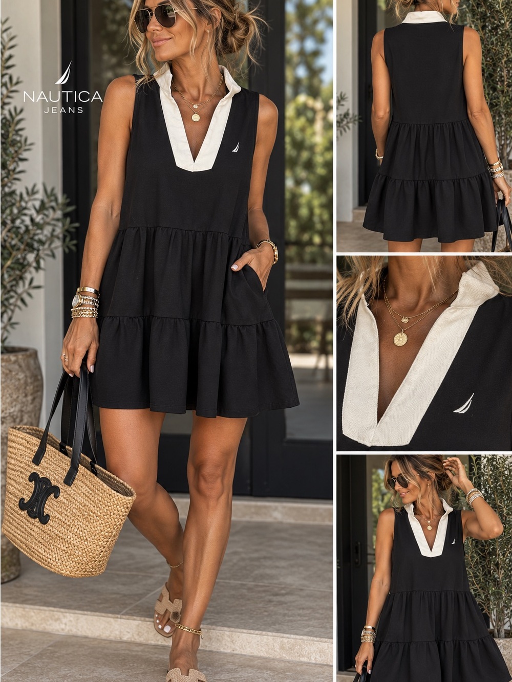 Nautica Black Sleeveless V-Neck Tiered Mini Dress with White Trim